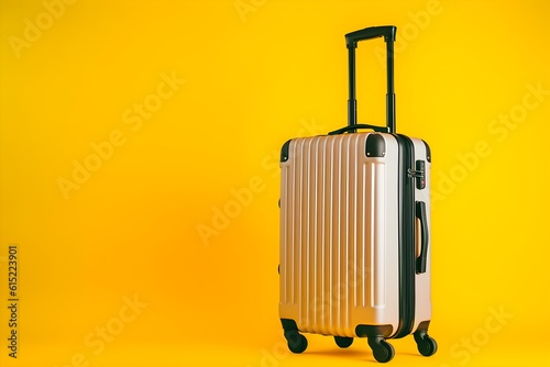 Travel suitcase isolated on yellow background. Generative AI