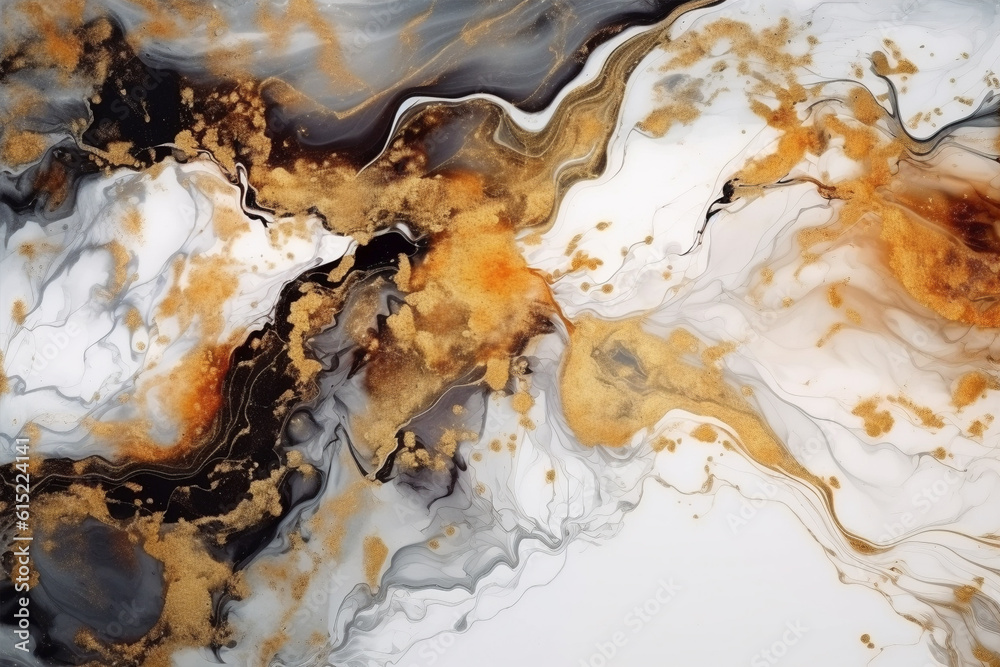 Abstract white, black and gold alcohol ink art background. 