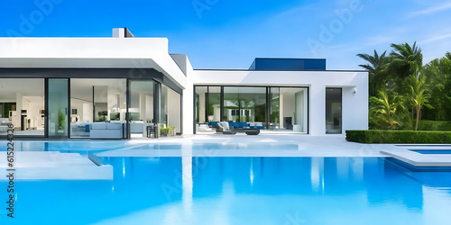Modern house with pool, luxurious villa with swimming pool at dusk © MOST