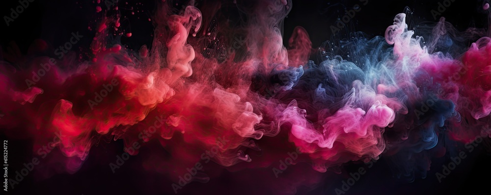 Ink water. Color mist. Pink, red and purple shiny glitter steam cloud blend on dark black abstract art banner background. Ai generative.