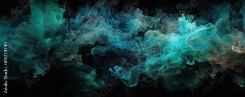 Ink water. Color mist. Green and blue shiny glitter steam cloud blend on dark black abstract art banner background. Ai generative.