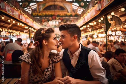 Oktoberfest Romance: Stunning Couple in Traditional Bavarian Tracht with Dirndl Enjoying Oktoberfest, Generative AI