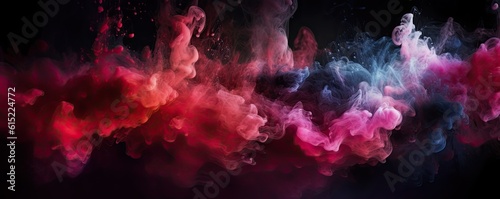 Ink water. Color mist. Pink, red and purple shiny glitter steam cloud blend on dark black abstract art banner background. Ai generative.