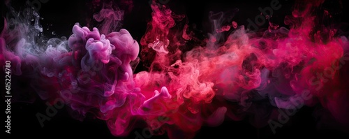 Ink water. Color mist. Pink, red and purple shiny glitter steam cloud blend on dark black abstract art banner background. Ai generative.