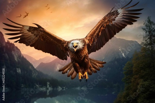 A predatory eagle soars in the air, flapping its wings.Created using generative AI. © Viktor