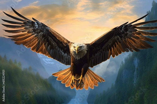 A predatory eagle soars in the air, flapping its wings.Created using generative AI.