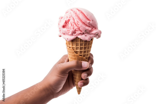 Hand Holding Strawberry Ice Cream Isolated on a Transparent Background. AI