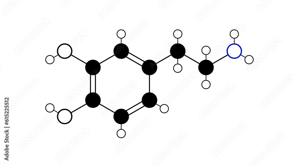 dopamine molecule, structural chemical formula, ball-and-stick model, isolated image neuromodulatory molecule dopamine molecule, structural chemical formula, ball-and-stick model, isolated image neuromodulatory molecule