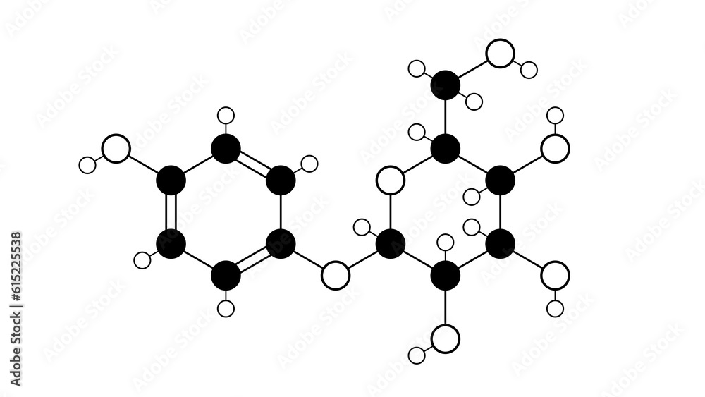 arbutin molecule, structural chemical formula, ball-and-stick model, isolated image glycoside arbutin molecule, structural chemical formula, ball-and-stick model, isolated image glycoside