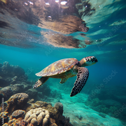 sea turtle swims in the blue ocean. Scuba diving with a sea turtle in shallow water. Underwater photo with a turtle in the blue sea. Shallow seascape with an underwater turtle.