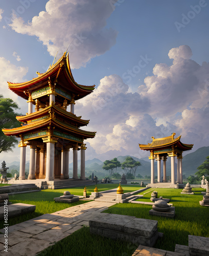 Panoramic temple landscape with scenic park and sky clouds