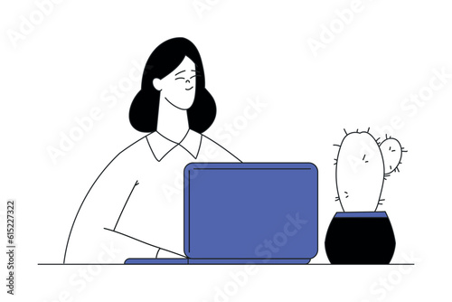 Business Process with Woman Character Working at Laptop Vector Illustration