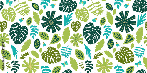 Green jungle floral seamless pattern. Tropical leaves, palm leaves, safari nature background. Vector rainforest print.