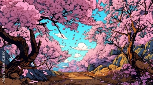 Beautiful cherry blossom gardens . Fantasy concept , Illustration painting.
