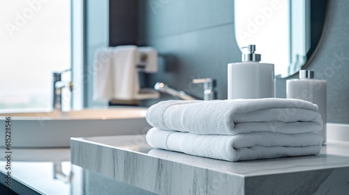 White towel and Soap dispenser on bathroom interior.