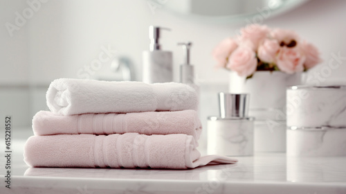 Pastel towel and Soap dispenser on bathroom interior.