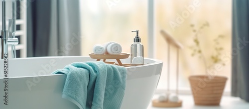 Turquoise towel hanging on a white bath with Soap dispenser.