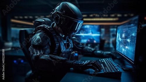 Cyber police protect the system from hacker hacking. Virus malware attack.