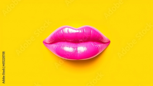 Beautiful pink lips on yellow background. Closeup