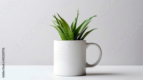 White mug on a table with plant.