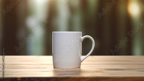 Mockup white mug on wood table.