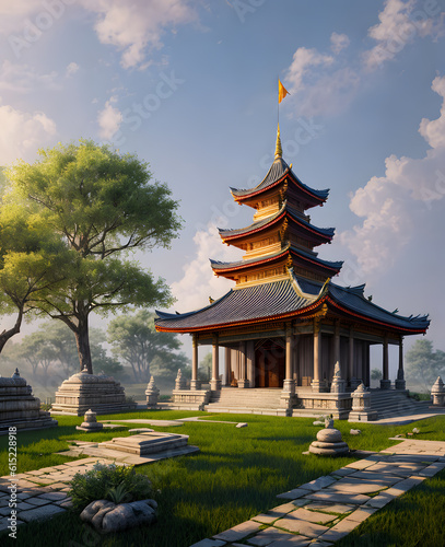 Panoramic temple landscape with scenic park and sky clouds