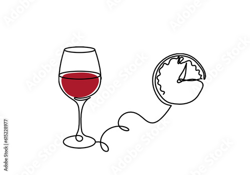Drawing line color wineglass with clock on the white
