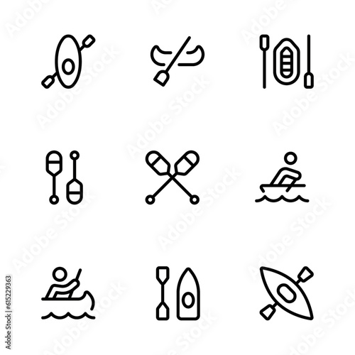 Canoe icon, rafting canoeing, Canoe, boats, oars, rowing vector set design with Editable Stroke. Line, Solid, Flat Line, thin style and Suitable for Web Page, Mobile App, UI, UX design.