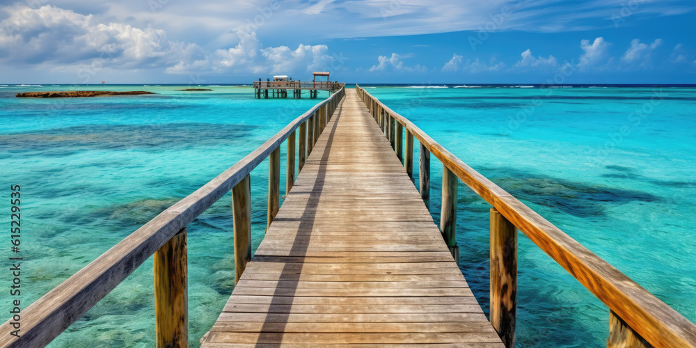 Wooden jetty that juts out into paradise tuquoise waters. Generative AI