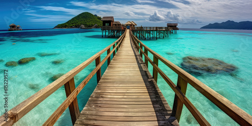 Wooden jetty that juts out into paradise tuquoise waters. Generative AI © Farnaces