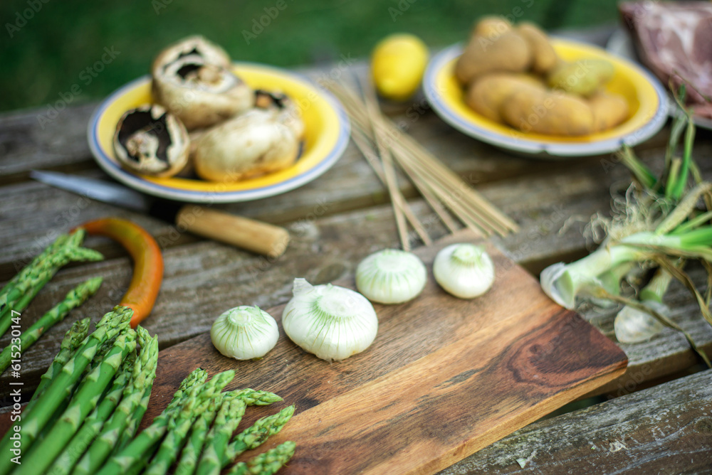 various vegetables, asparagus, onions, grilled mushrooms. Preparing for green grilling.