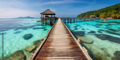 Wooden jetty that juts out into paradise tuquoise waters. Generative AI
