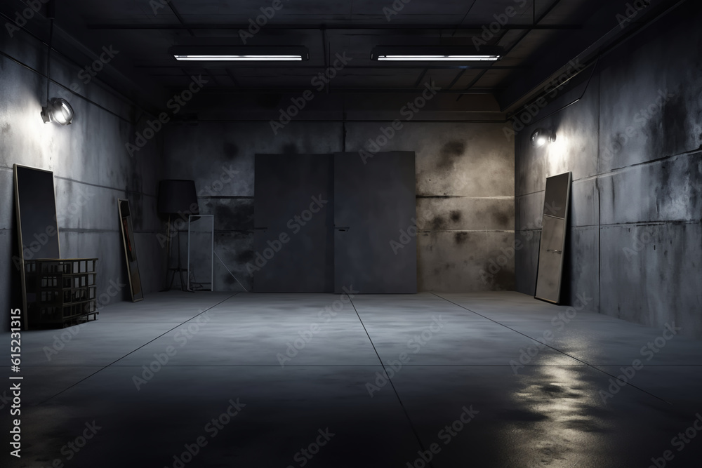 Dark basement with concrete walls and reflective cement floor and spot lighting in the back wall Dark basement with concrete walls and reflective cement floor and spot lighting in the back wall