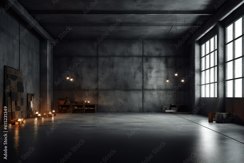 Dark basement with concrete walls and reflective cement floor and spot lighting in the back wall Dark basement with concrete walls and reflective cement floor and spot lighting in the back wall