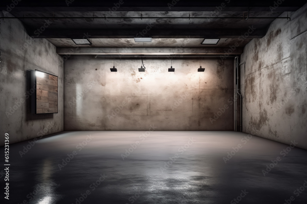 Dark basement with concrete walls and reflective cement floor and spot lighting in the back wall Dark basement with concrete walls and reflective cement floor and spot lighting in the back wall