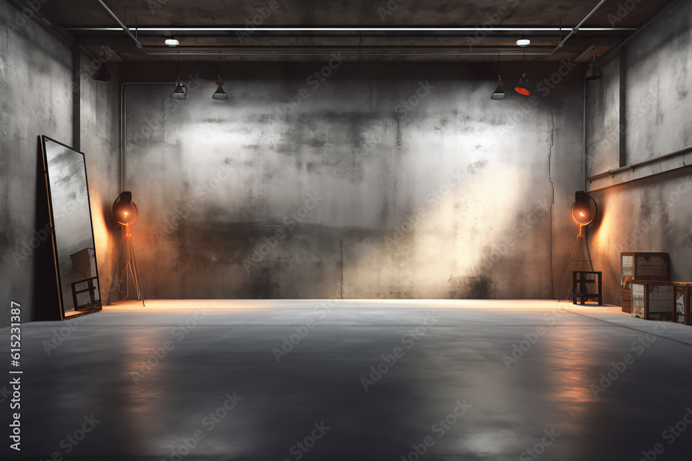 Dark basement with concrete walls and reflective cement floor and spot lighting in the back wall Dark basement with concrete walls and reflective cement floor and spot lighting in the back wall