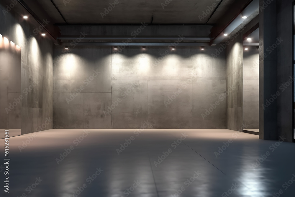 Dark basement with concrete walls and reflective cement floor and spot lighting in the back wall Dark basement with concrete walls and reflective cement floor and spot lighting in the back wall