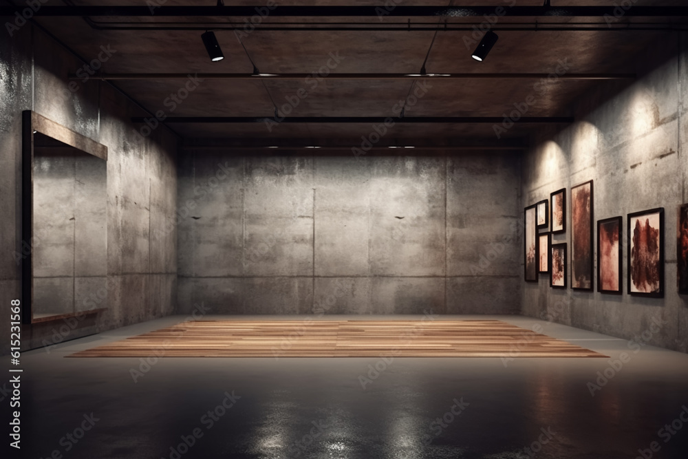 Dark basement with concrete walls and reflective cement floor and spot lighting in the back wall Dark basement with concrete walls and reflective cement floor and spot lighting in the back wall