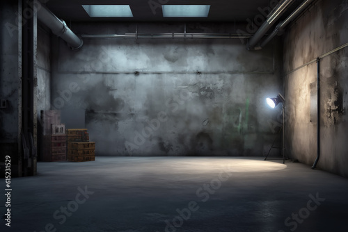 Dark basement with concrete walls and reflective cement floor and spot lighting in the back wall