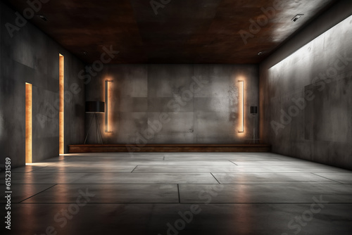 Dark basement with concrete walls and reflective cement floor and spot lighting in the back wall