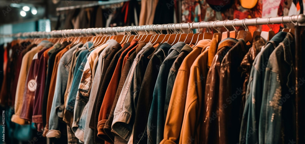 Women's winter clothing store. Jean and cotton clothes hanging on a clothes  rack in a dark