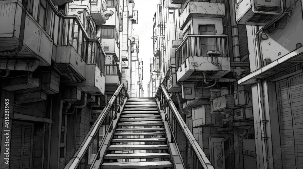 High stairs in the middle of the street, gray gloomy tones . Fantasy concept , Illustration painting. High stairs in the middle of the street, gray gloomy tones . Fantasy concept , Illustration painting.