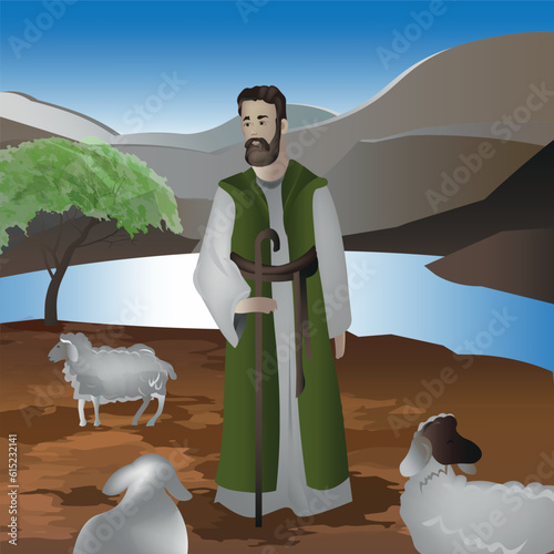 Shepherd and  sheep.Vector cartoon Bible. Illustration for Bible stories. 