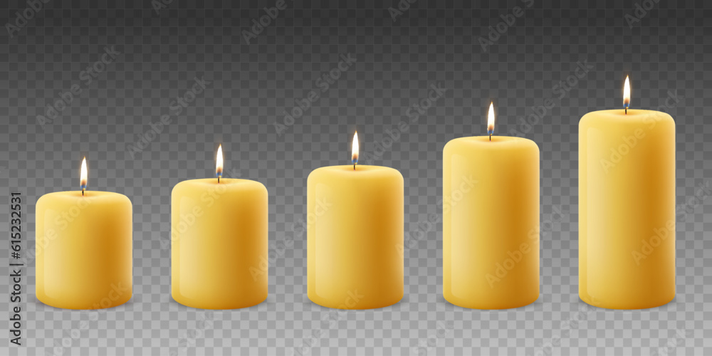 Vector 3d Realistic Yellow, Orange Paraffin Wax Burning Party, Spa Candle Set with Flame of a Candle, Isolated. Different Size Collection. Design Template, Front View Vector 3d Realistic Yellow, Orange Paraffin Wax Burning Party, Spa Candle Set with Flame of a Candle, Isolated. Different Size Collection. Design Template, Front View