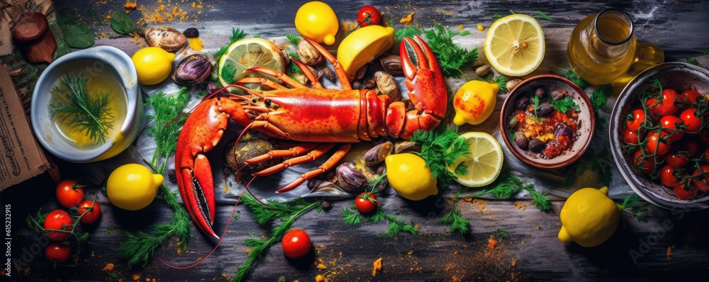 Widescreen top view, appetizer, lobster served with vegetables. generative ai