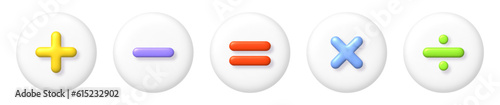 Math 3D icons set. Blue arithmetic plus, minus, equals, multiply and divide signs on white buttons. vector illustration.