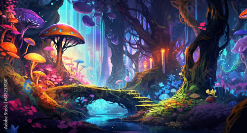 Fantasy magical forest. Video Game's Digital CG Artwork, Concept Illustration, Realistic Cartoon Style Background photo