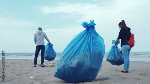 Volunteers collecting garbage from the beach. Generative AI