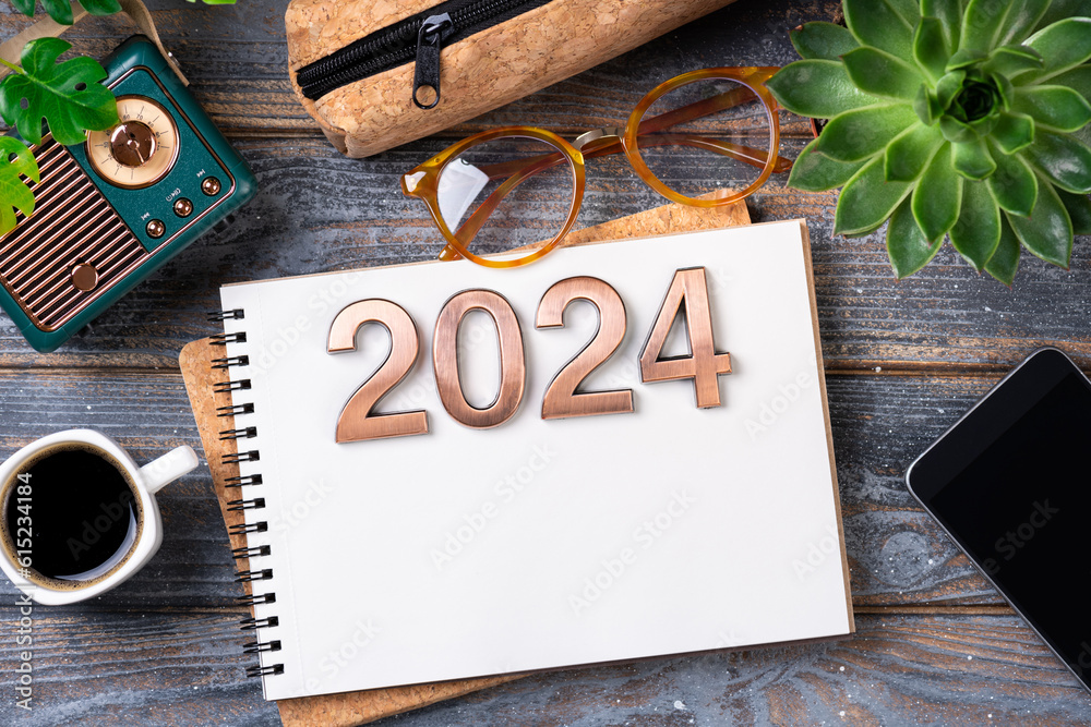 New Year Goals 2024 On Desk. 2024 Goals List With Notebook, Coffee Cup ...