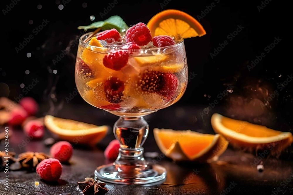 A close-up shot of a luxurious glass of fruit cocktail. Created with generative AI.